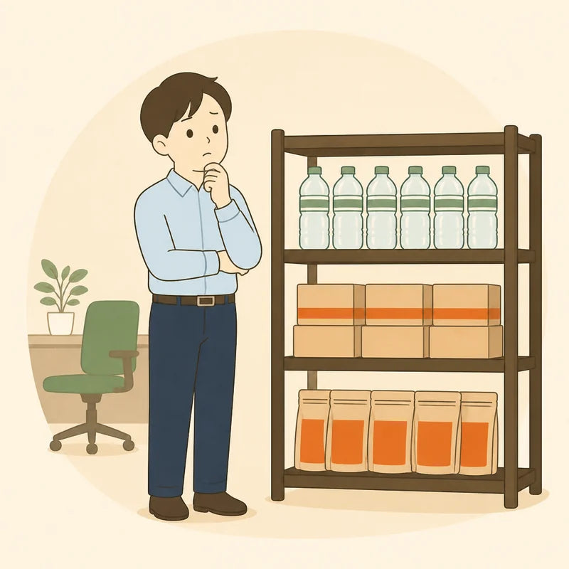 オフィスの防災備蓄棚を点検する社員のイラスト