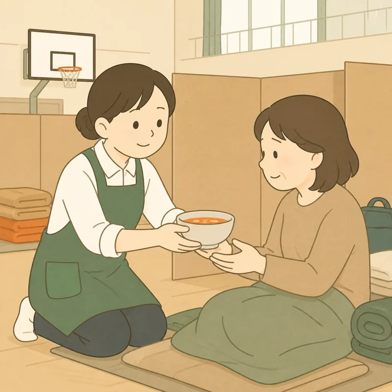体育館の避難所で温かい食事を手渡すイラスト