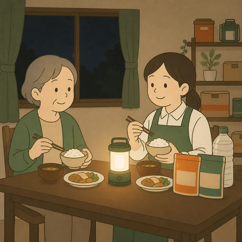 停電した夜の食卓で、いつもと同じ温かい食事をとる入居者と職員のイラスト