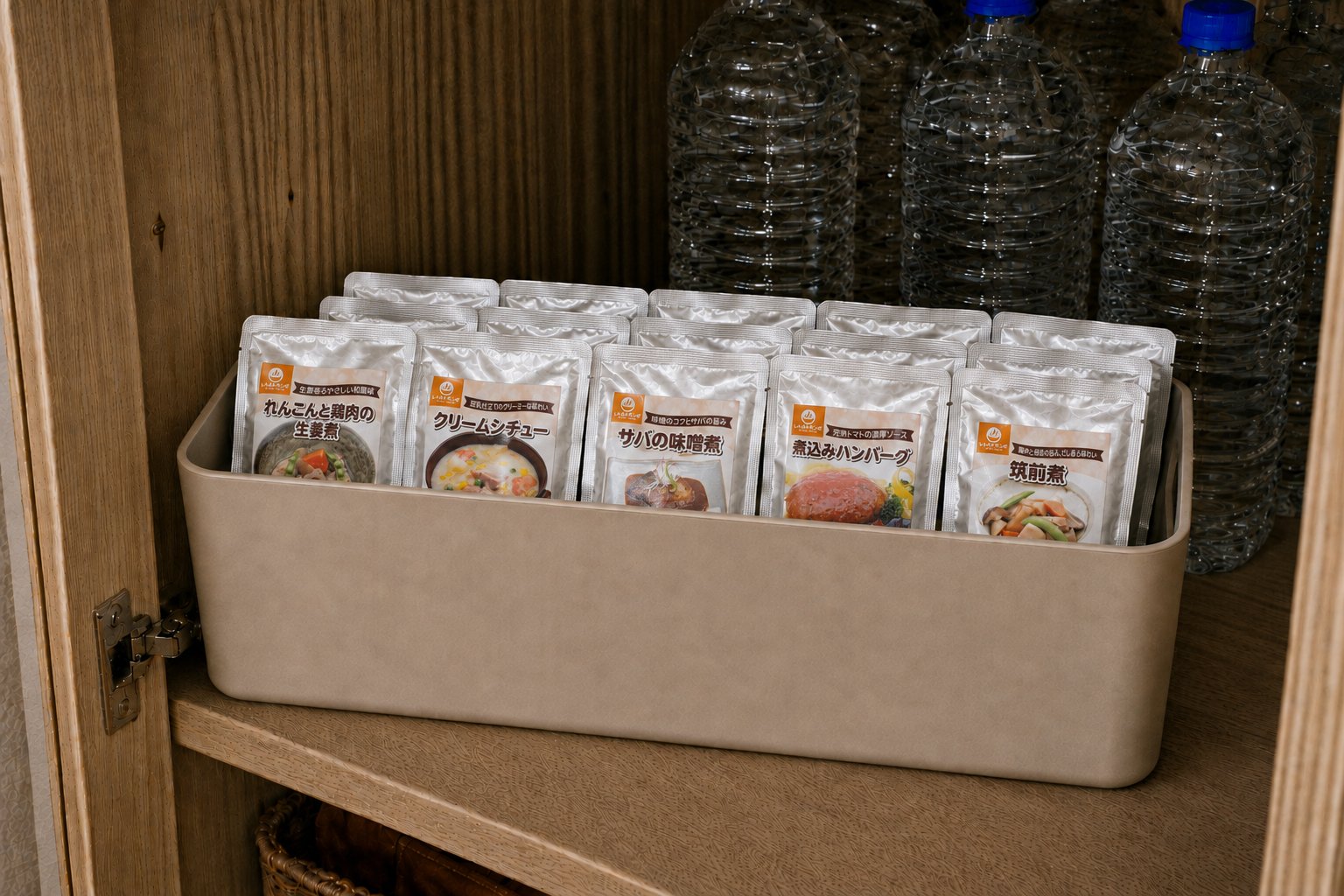 レトルトパウチをパントリーに保管しているイメージ