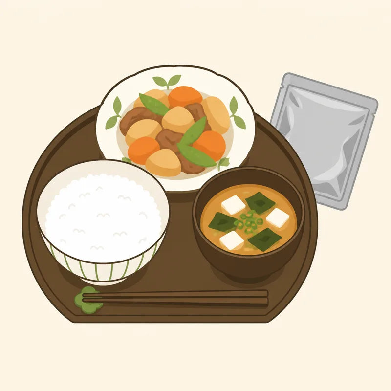 ごはん・おかず・汁物の食事とパウチのイラスト