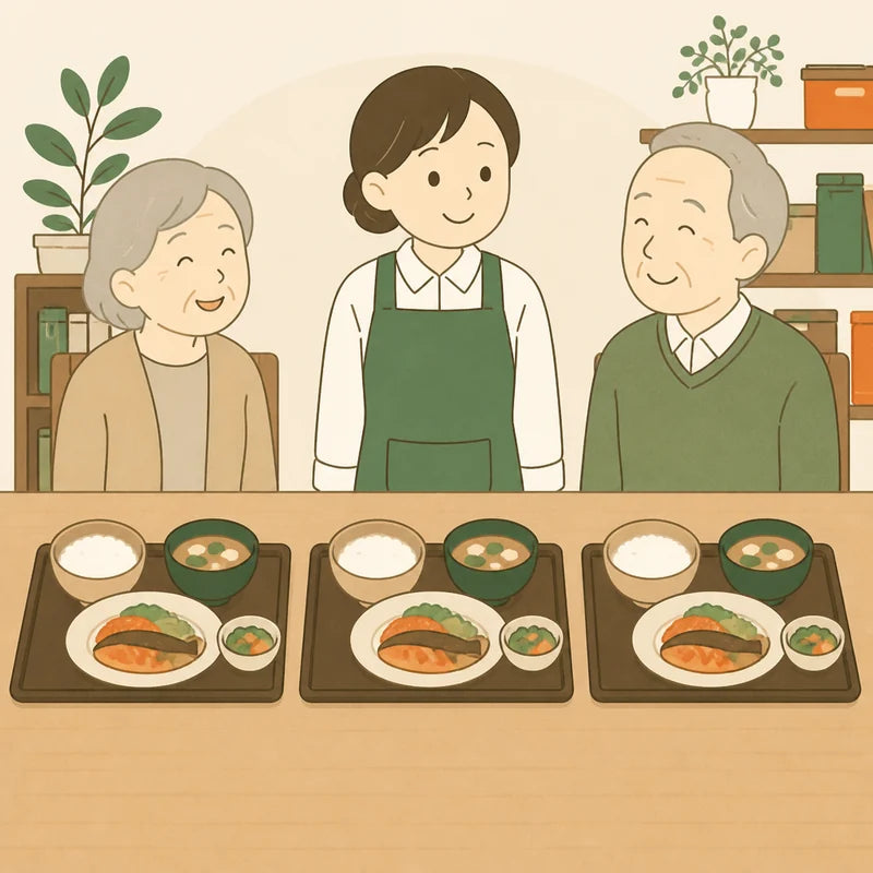 高齢の入居者と職員が同じ献立の食卓を囲むイラスト