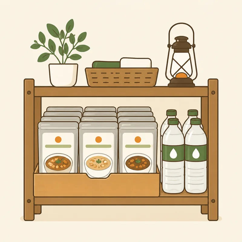 常温の棚に並べた備蓄食のイラスト