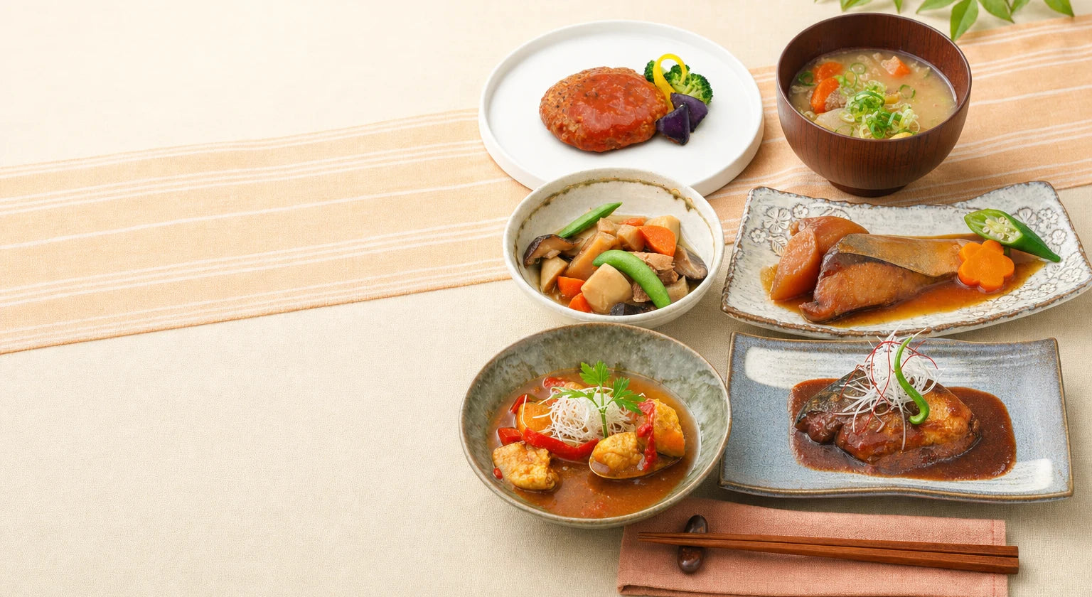 クリームシチュー・スープカレー・サバの味噌煮・肉じゃが・焼き魚・煮物などのレトルト惣菜。20年以上の食事づくり、累計60万食