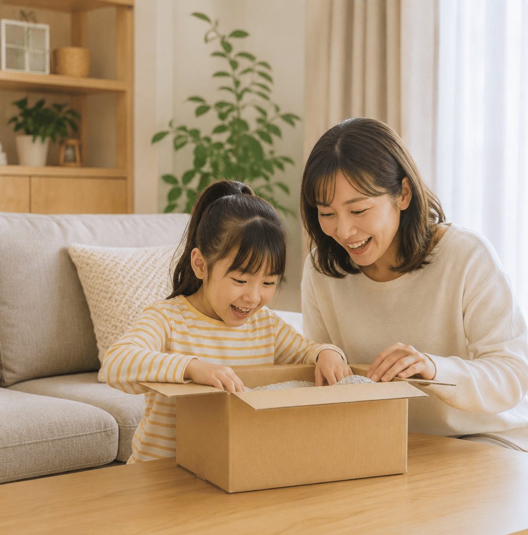 離れて暮らす家族へ届いた荷物を開ける親子